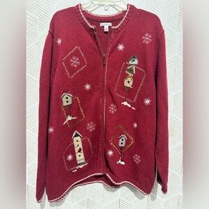 Croft & Barrow Women Holiday Christmas Sweater Cardigan Winter Birdhouse, Red 3x